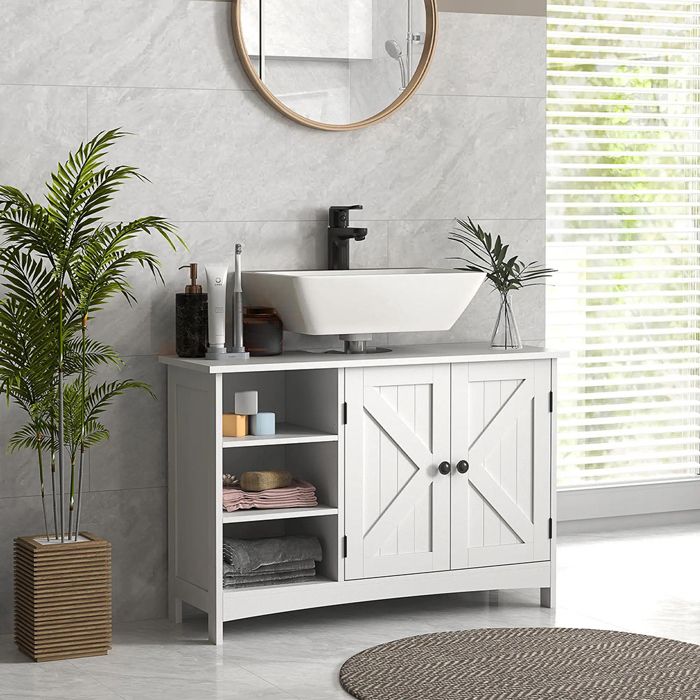 Meuble sous vasque classique - 90 x 30 x 60 cm Blanc 2 portes étagères réglables Meuble sous vasque classique - 90 x 30 x 60 cm Blanc 2 portes étagères réglables