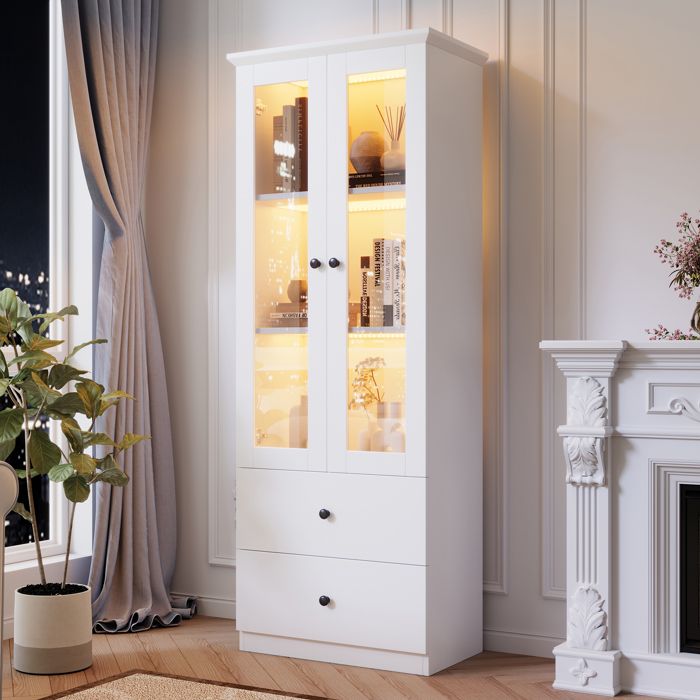 Vitrine LED 60×35.5×165 cm avec port USB et télécommande 16 couleurs Buffet haut avec 2 tiroirs Buffet salon en blanc MDF