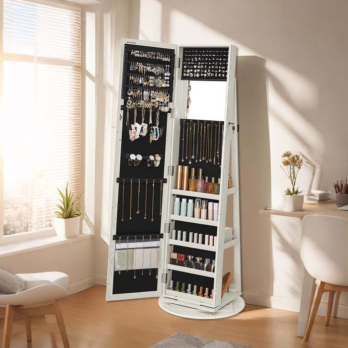Armoire à bijoux - Miroir pivotant 360° - Verrouillable - Blanc boisé grisâtre