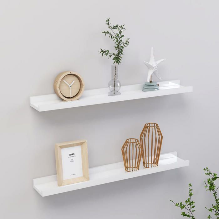Étagères murales blanc brillant - VIDAXL - 60x9x3 cm - Lot de 2 - Blanc brillant - MDF robuste - Capacité 5 kg