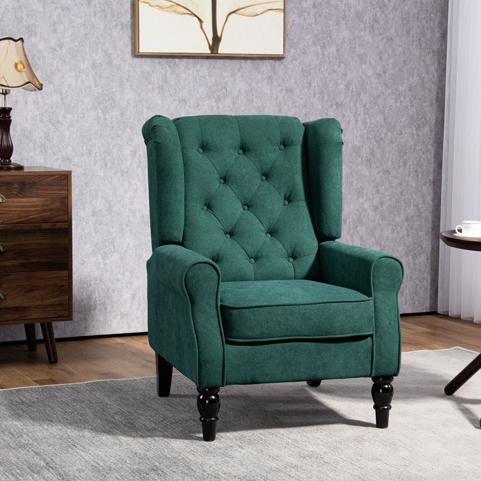 Fauteuil de salon capitonné avec assise large pieds en bois style classique grand confort 74 x 86 x 102 cm vert