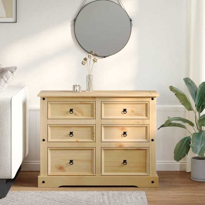 Commode en bois massif - vidaXL - 112x48x91 cm - Bois de pin massif - Finition cire de miel - 6 tiroirs