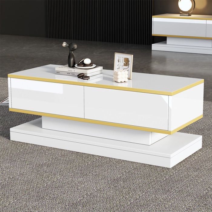 Table basse design brillante - 2 grands tiroirs blanc chaud et bordures dorées - Unique et élégante pour salon