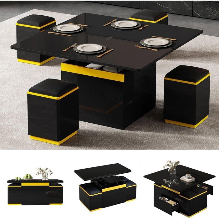 Table Basse 2 Plateau Relevable - 2 Tiroirs et 4 Tabouret - Compartiments Cachés - 3 en 1 Table de Salon - Jaune/Noir -100x50x43cm