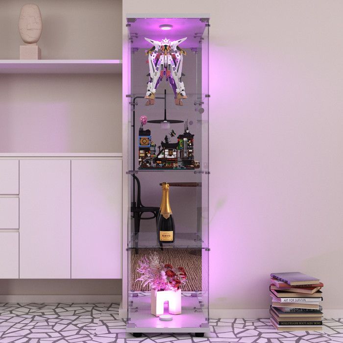 Vitrine LED Trempé 3 Étagères Avec Miroir Et Serrure – 125x42x36 Cm – Présentoir Lumineux RVB Pour Collection, Vin, Figurines, Livres
