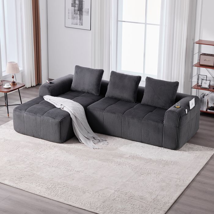 Canapé dangle 4 places en velours côtelé Canapé convertible avec 3 coussins moelleux porte-gobelet poches latérales Gris