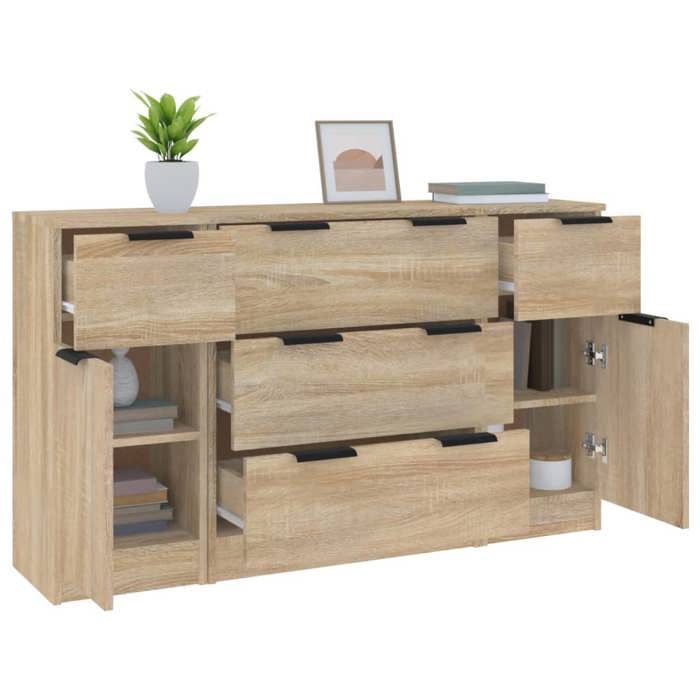 Enfilade de rangement Brun - LEMON® Ensemble de buffets 3 pcs - Meuble de salon - Chêne sonoma - Bois dingénierie 390 - Soldes