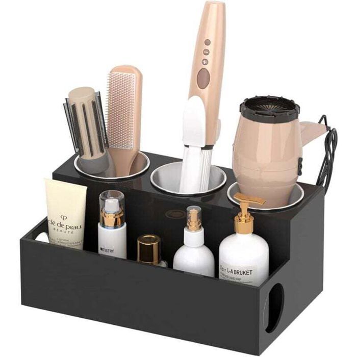 Support de sèche-cheveux en acrylique - MHY® - Noir - 3 tasses en acier inoxydable - Compact - Facile à nettoyer