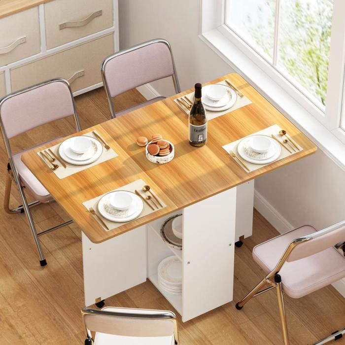 SUPFINE Table à Manger Pliable Table de Cuisine pour Petits Espaces avec 1 Armoire et 3 Etagères de Rangement 110 × 70 × 78 cm
