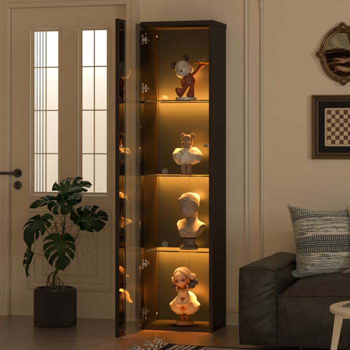 Vitrine LED 170 cm multifonction. étagères en verre. Porte en acrylique. LED multicolore. panneaux de particules. noir
