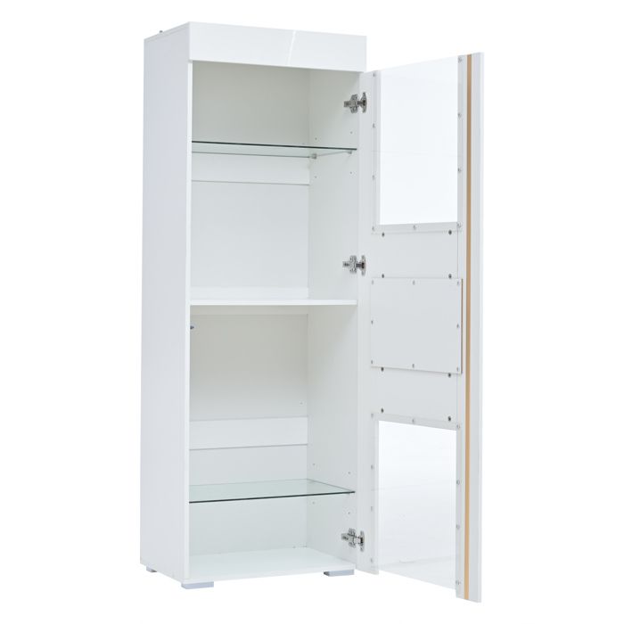Vitrine Haute Moderne avec Étagères en Verre et Éclairage LED Meuble de Rangement en MDF - Blanc Brillant