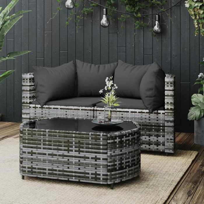 Promo étéCanapé/Sofa Terrasse - SWEETY - Gris - Salon de jardin Moderne - 3 pcs - avec coussins Gris Résine tressée 63x63x57 5cm 5