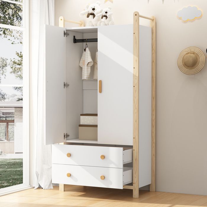 Armoire enfant avec tringle et 2 tiroirs pour chambre salon et couloir 90×45×180 cm Naturel + Blanc
