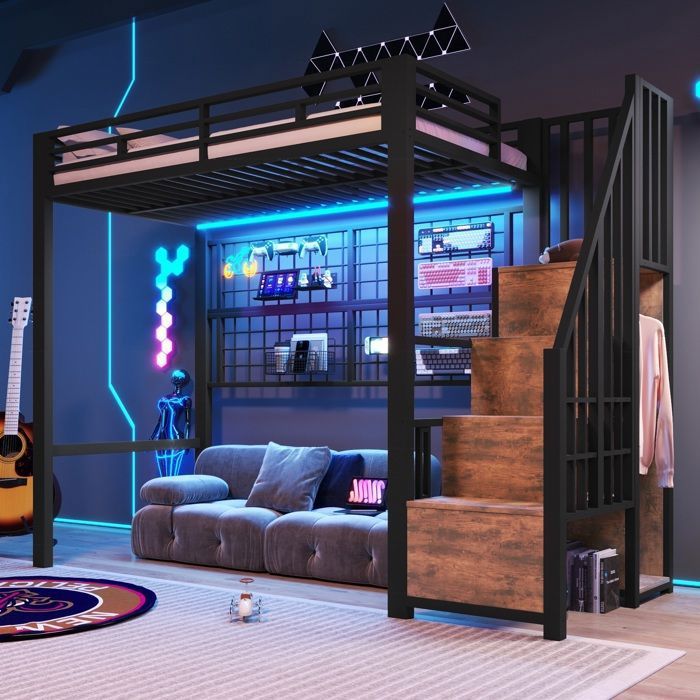 Lit mezzanine enfant 90x200 cm Lit ado Lit simple en fer avec éclairage LED échelle de rangement armoire barrières - noir