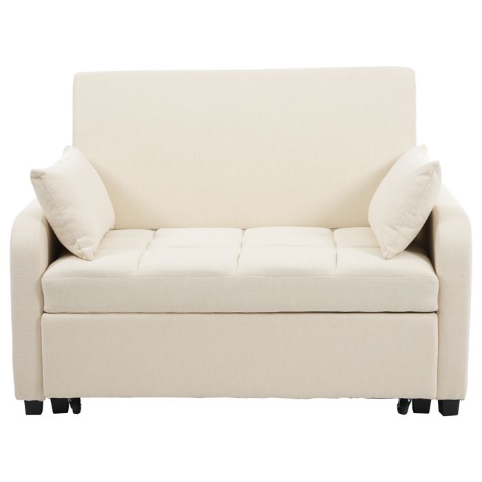 VLIVRA Canapé convertible 2 places avec dossier réglable 3 positions et 2 coussins en tissu coton et lin beige 127 × 75 × 94 cm