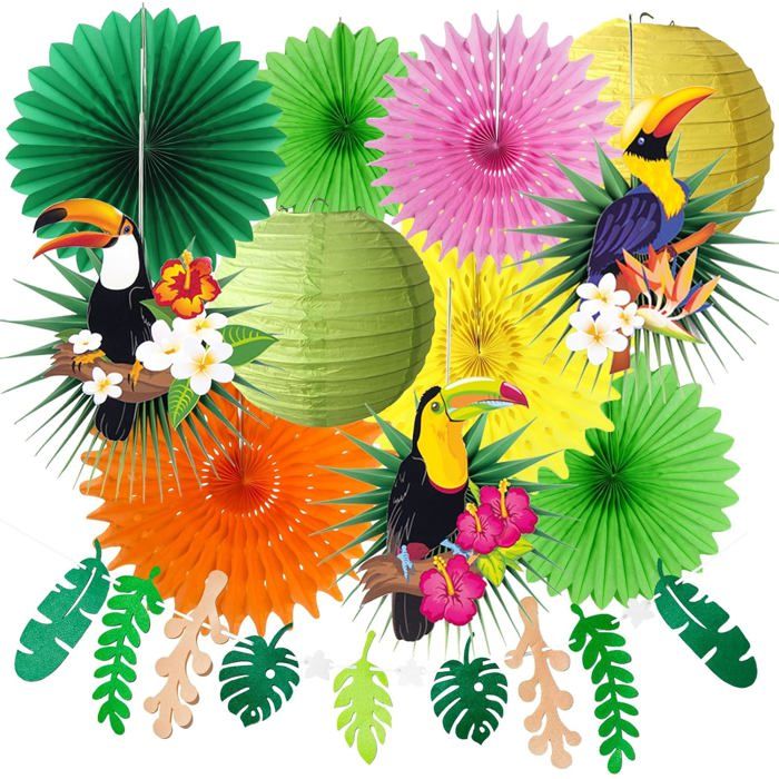 Tropical Party Decoration Kit Toucan Papier Deco Vert Rose Jaune Deco Jungle Summer Party Chambre Maison Fete Hawaïen - Maison