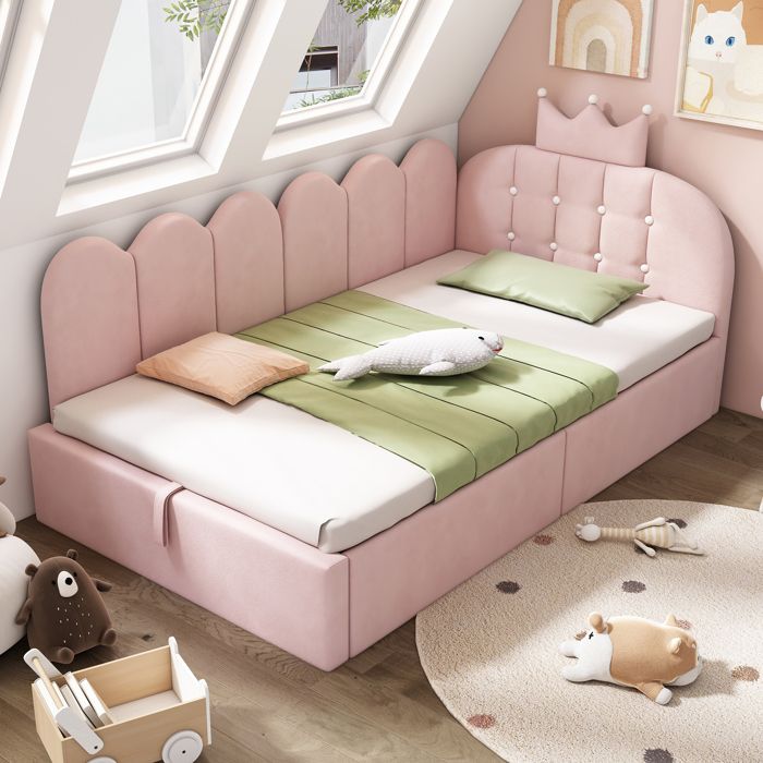 Bladez - Lit coffre 90x200 cm lit enfant lit simple avec hydraulique design couronne et grille velours pour enfant - rose