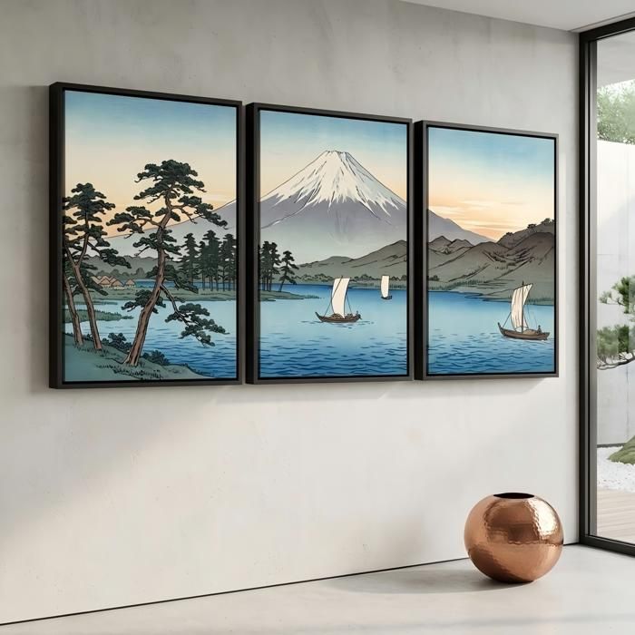 Tableau toile triptyque Mont Fuji-Décoration murale japonaise paysage lac et bateaux-cadre flottant noir