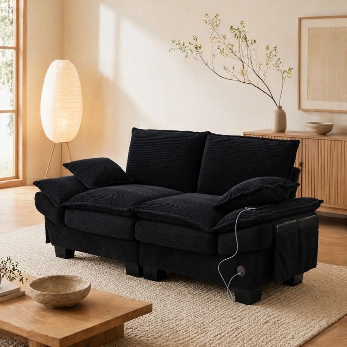 Canapé modulable 2 places assise large et ergonomique - TCQPZ - en velours côtelé noir USB-C poches latérales