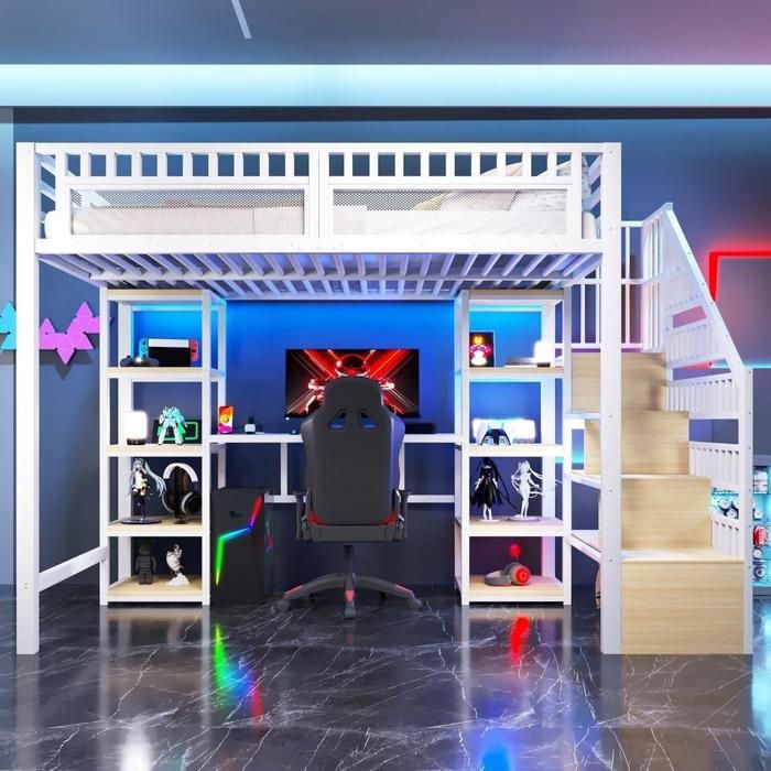Lit superposé - KOMHTOM - 140x200 - Cadre métal - Escalier rangement - Bureau et LED intégrée Lit superposé - KOMHTOM - 140x200 - Cadre métal - Escalier rangement - Bureau et LED intégrée