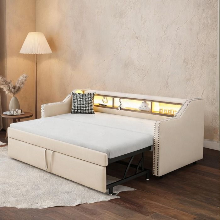Canapé-lit gigogne beige en toile de jute 1 ou 2 places 180 x 190 cm coffre de rangement LED USB