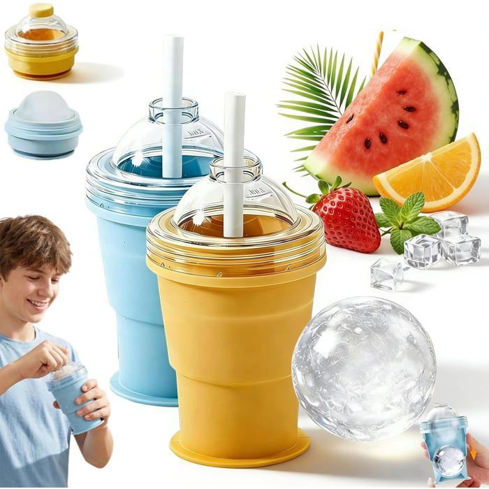 Lot 2 tasses pliables jaune bleu - 2en1 avec paille couvercle - Voyage étanche salle sport PIQUET DATTACHE