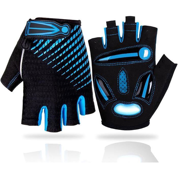 Gants Cyclisme de Vélo Eté Demi Doigt Gant Réfléchissant Gel Bicyclette Gants Courts Homme et Femme pour Vélo VTT Bleu