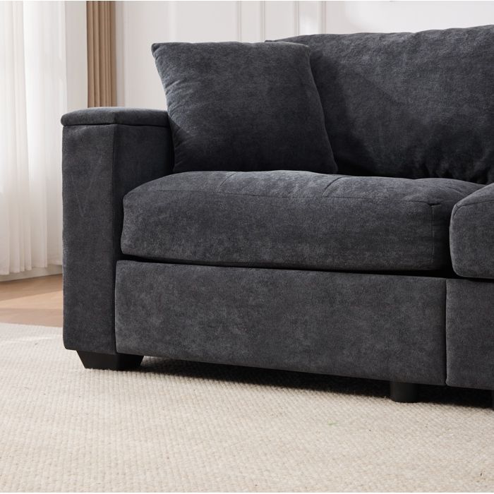 Canapé fixe 2 places 180 cm gris foncé en Chenille avec rangement accoudoir 2 coussins mousse haute densité