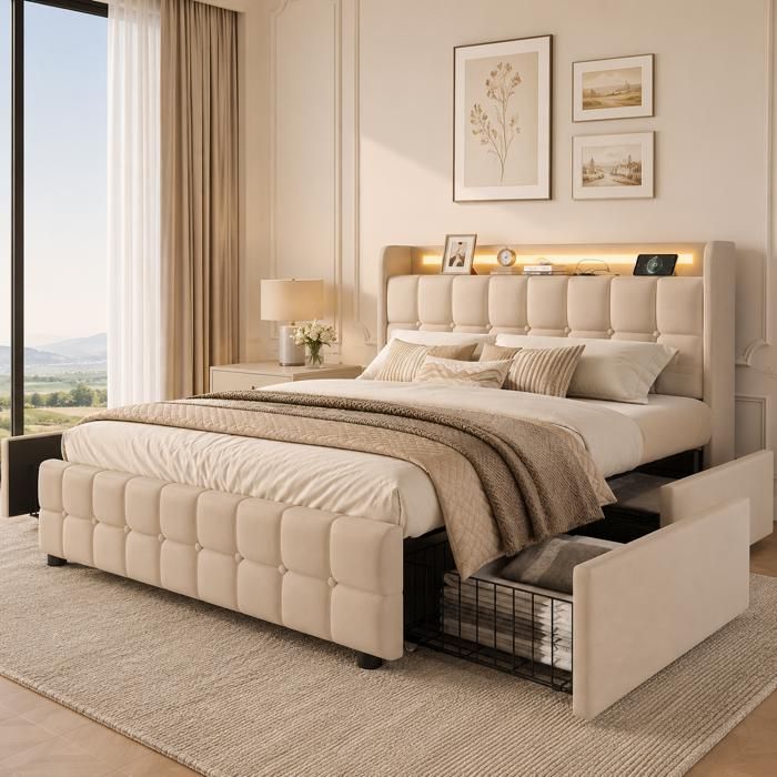Lit double adulte 180x200cm en lin avec éclairage LED et port USB - 4 tiroirs de Rangement - sommier à lattes - Lit coffre - beige