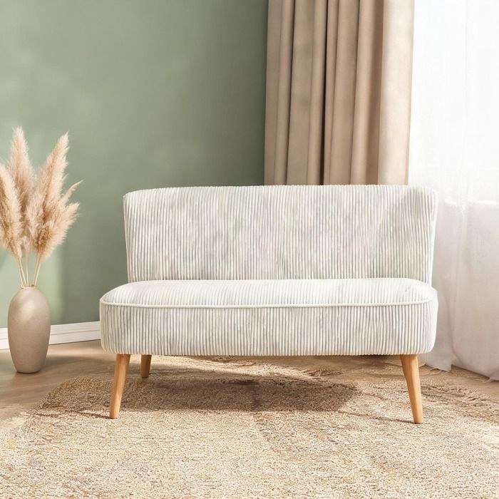 Canapé 2 places sans accoudoirs en bois et tissu chenille soft white 117 cm confort cosy pour salon ou chambre