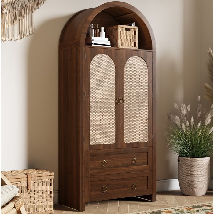COVREO Buffet haut 80x40x180 cm avec 2 portes en cannage 2 tiroirs MDF noyer style vintage