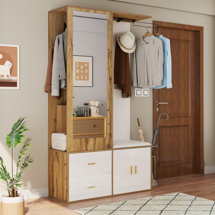 WUVRIE Vestiaire d’entrée 100 x 38 x 180 cm avec miroir tringle extensible banc à chaussures blanc et bois