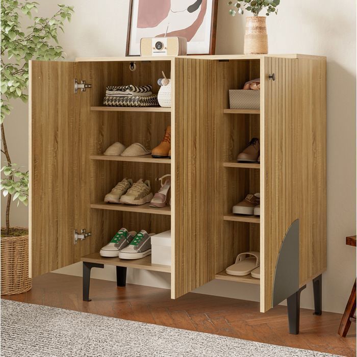Meuble à chaussures bois clair 90 x 32 x 94 cm avec 3 portes étagères pieds noirs