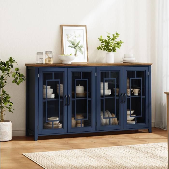 COVREO Buffet de cuisine 160 cm 4 portes vitrees bleu plateau aspect bois MDF