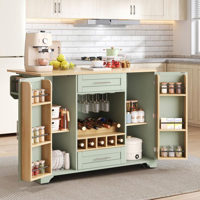 Desserte de cuisine - Chariot multifonction - Plan de travail rabattable extensible - Casier 9 bouteilles - 5 roulettes