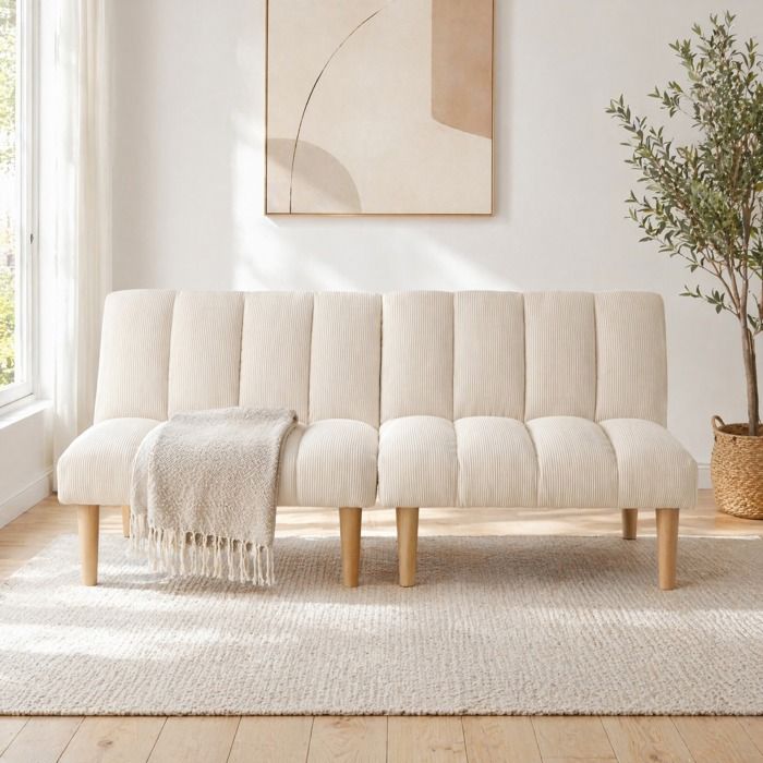 Canapé-lit 2 places convertible beige en corduroy dossier réglable 3 positions sans accoudoirs
