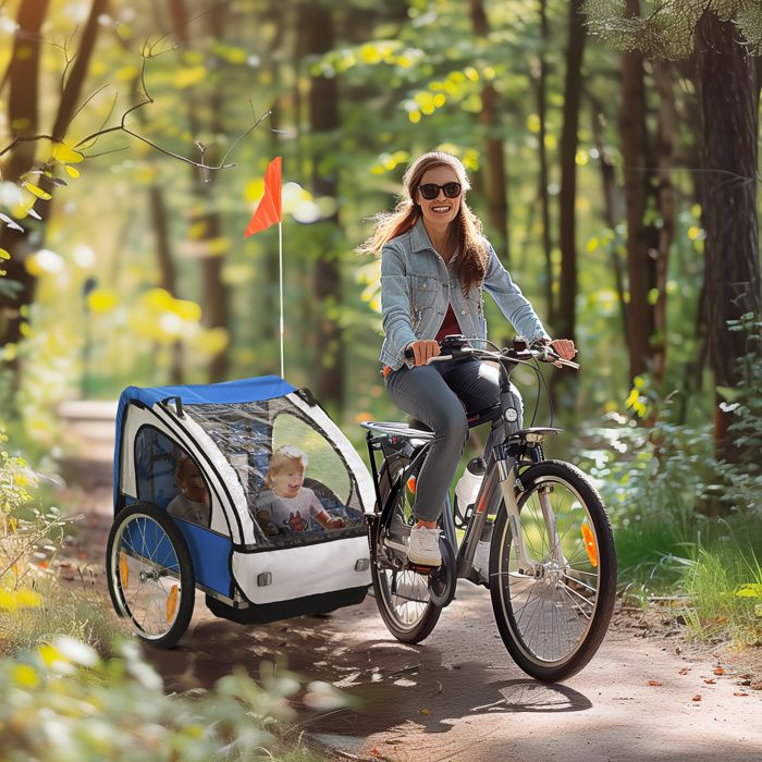 Remorque vélo enfant 2 places bleu 2 ceintures de sécurité cadre acier et housse en tissu Oxford