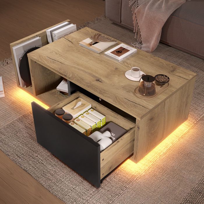 Buffet Bas 1 Tiroir avec Compartiments 1 Niche Ouverte et LED Intégrée - BEAUNIV - Vintage Naturel et Noir 995×53×38 cm
