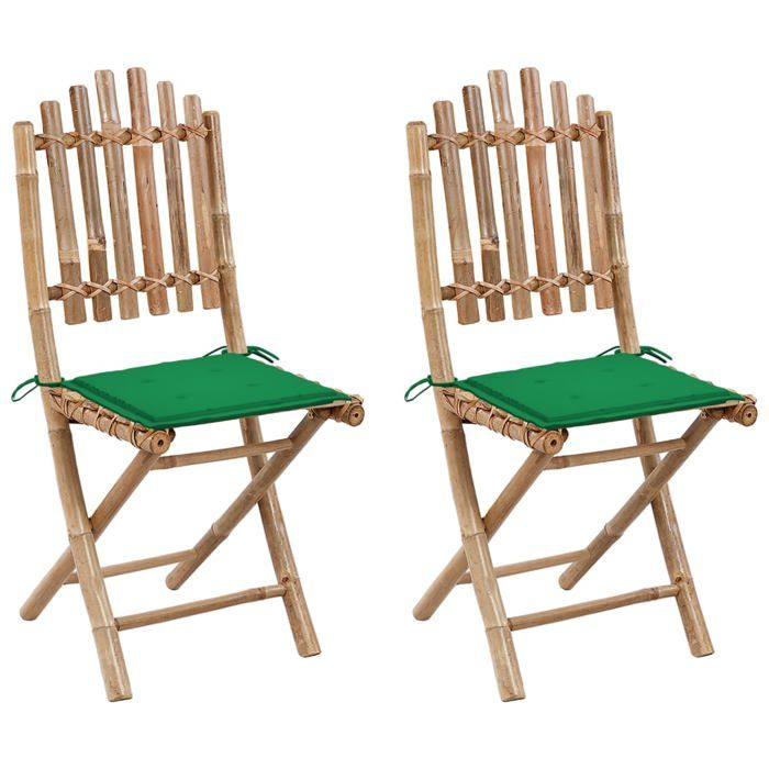 Chaises Pliables de Jardin Lot de 2 avec Coussins Vert 50 x 42 x 92 cm en bambou et tissu pour Repas en Plein Air 40203