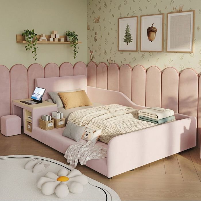Lit enfant rembourré rose 90x200 cm avec bureau intégré tabouret étagère de rangement et sommier à lattes