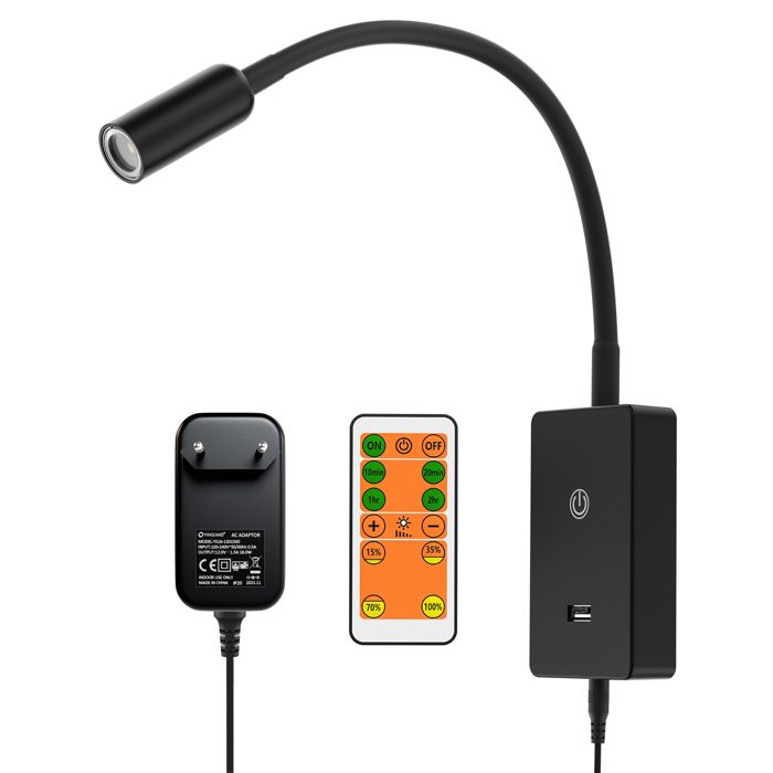 Lampe Applique Murale de Lecture Noir de Chevet Murale LED Dimmable avec Telecommande Sans Fil pour Chambre Bureau Sortie Port USB