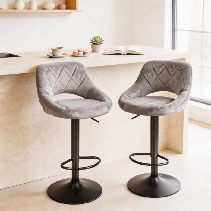 Chleby Lot de 2 Tabouret de Bar Rembourrées en Velours Gris Tabouret de Cuisine bistro Rotatif à 360 ° Réglable en Hauteur
