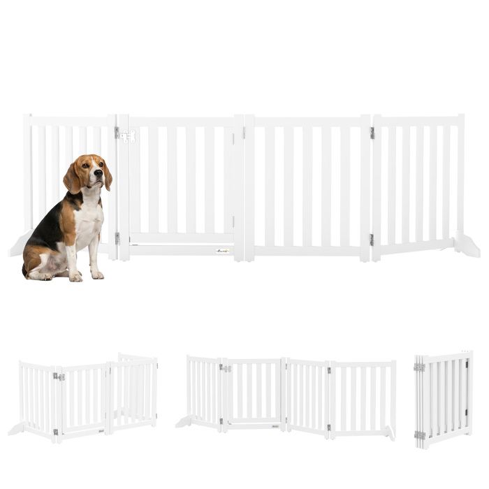 Barrière de sécurité chien - PawHut - pliable autoportante 4 panneaux avec porte pieds de support - bois - 205 x 60 cm - blanc