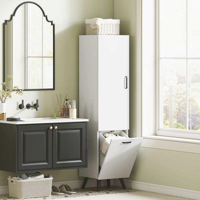 Colonne haute de salle de bain avec portes étagères et panier à linge pour petits espaces 35x31 5x144 cm blanc