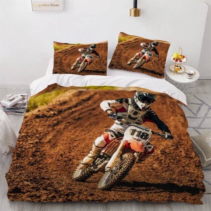 Housse De Couette Motocross 3D Motorbike - Parure De Lit Microfibre Double 200x200cm