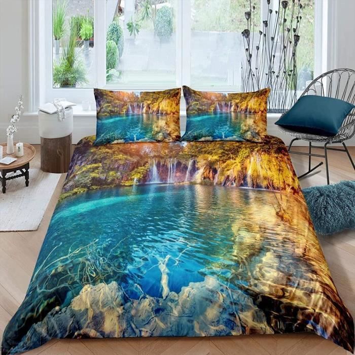 Housse De Couette Paysage Santorin Grèce - Parure De Lit 3D Romantique Avec Taies D'Oreiller