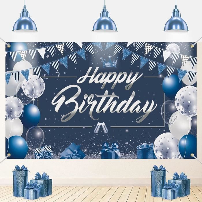 Bannière Joyeux Anniversaire Bleu Or 110x185cm - Toile De Fond Décoration Fête Avec Corde