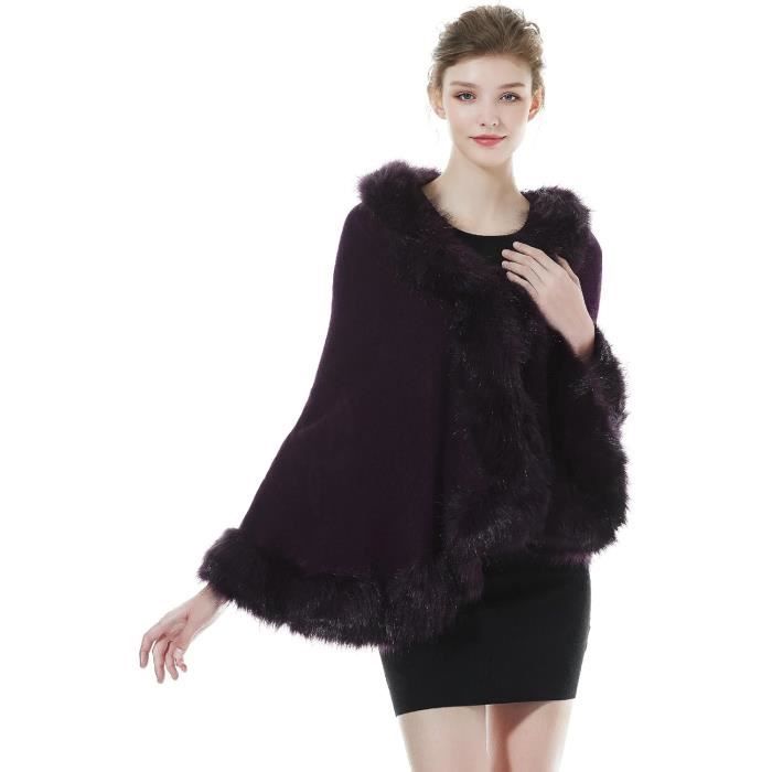 BEAUTELICATE Tricoté Poncho Femme Cape Manteau à Capuche Chaude Châle Étole En Fausse Fourrure Pour Automne Hiver Mariage Soirée Gala Mariée