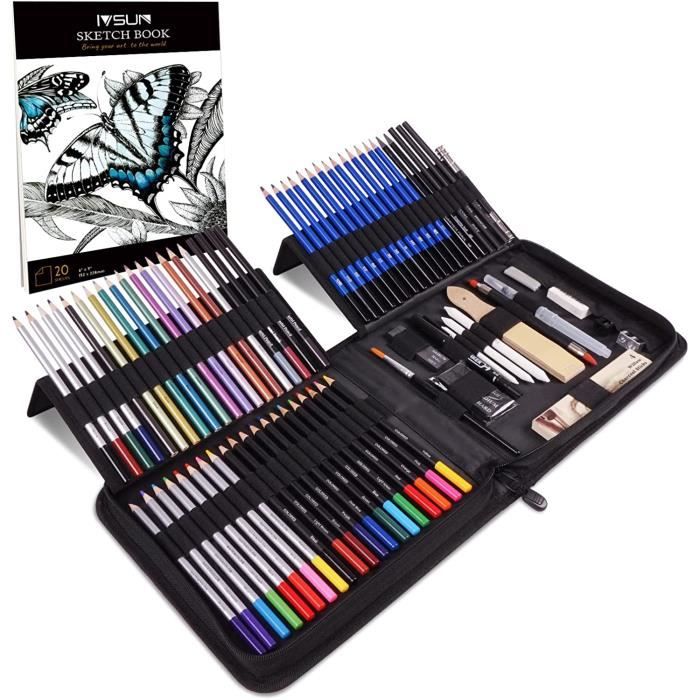 Kit Dessin Complet 74 pièces avec 1 Cahier DessinTrousse 24 crayons  aquarelle 12 crayon de couleurs 12 crayons metalliques 12 cray - Cdiscount  Beaux-Arts et Loisirs créatifs