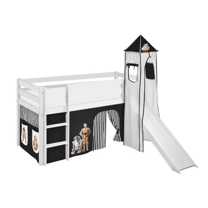 Lit surélevé - LILOKIDS - JELLE - 90 x 190 cm - avec rideaux et toboggan - Disney accessoires Lit surélevé - LILOKIDS - JELLE - 90 x 190 cm - avec rideaux et toboggan - Disney accessoires